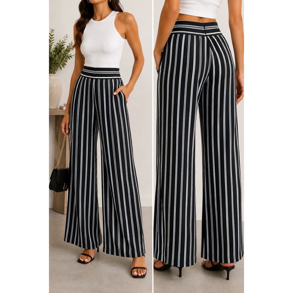 Lena Gabrielle Striped Wide Leg Pants Women’s Size 8 Black White Blue